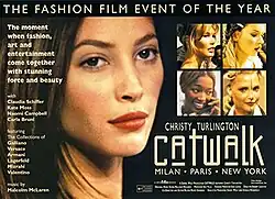 Movie poster with a close-up of model Christy Turlington's face, and inset, smaller images of other models and text promoting the film's focus on fashion in Milan, Paris, and New York