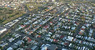 Aerial view of Clifton Hill looking north to Queens Parade and Merri Creek. Hoddle Street is the main road on the left and Darling Gardens is far left.