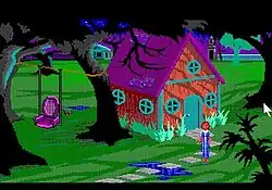 Screenshot of a 1920s-era adventure game showing a redhead wearing a blue dress standing in front of a swing and dilapidated playhouse