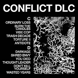 A depiction of a crackled surface, with the album title at the top and the track listing beside it, all in white on a black background.