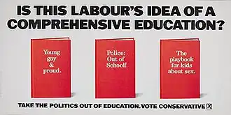 Tagline "Is this Labour's idea of a comprehensive education?" above an image of three books with the titles "Young gay & proud.", "Police: Out of School!" and "The playbook for kids about sex."