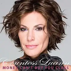 In the cover artwork for American television personality Countess Luann's debut single "Money Can't Buy You Class", an in-color headshot of the singer appears, with her stage name and associated song title appearing directly beneath her chin in a white cursive and dark pink all-caps font, respectively.