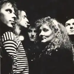 Crime & the City Solution c. 1990, left to right: Thomas Stern, Alexander Hacke, Simon Bonney, Bronwyn Adams and Mick Harvey