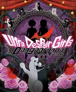 Cover art for Danganronpa Another Episode: Ultra Despair Girls. It is centered around the game's logo. Underneath the logo are black silhouettes of Komaru Naegi and Toko Fukawa within a circular shape, which is surrounded by different Monokumas including Kurokuma and Shirokuma. A larger Monokuma is found towards the bottom next to blood-stained pink roses. The vines and thorns of these roses stretch upwards onto the entire cover. The cover uses a dark purple background and is framed by stage curtains.