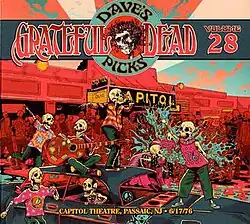 A crowd of skeletons celebrates in front of the Capitol Theatre, with the Grateful Dead listed on the marquee