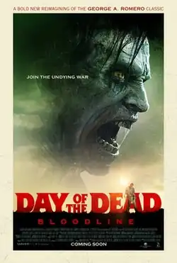 The side profile of a zombie is super imposed on the sky; the foreground includes a zombie forming an "A", and covering the respective letter in "DEAD" of the film's logo of "DAY OF THE DEAD: BLOODLINE".