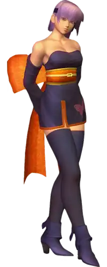 Three-dimensional graphic of a Japanese woman with short purple hair standing with her legs crossed and her arms behind her back. She is wearing a dark blue strapless miniskirt dress with orange trim and an orange waist sash tied into a large bow on her back. Additional clothing includes dark blue flowing sleeves, stockings, and high heel boots.