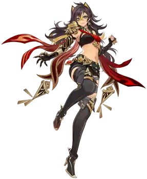 Official artwork for Dehya. She is a tan-skinned woman with long dark hair wearing a punk/harem outfit. Her midriff is exposed.