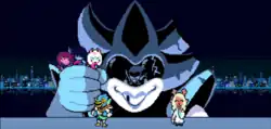 Pixel art video game. A large blue grinning mech, piloted by Queen visible through its eye window, holds three small colorful characters in its fist while looming behind two others. All except Kris, the only human, pose with upbeat expressions against a city-lit backdrop.