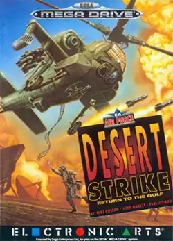 Vertically oriented front cover art depicting a desert war zone. An Apache helicopter fires missiles while large satellite dishes in the background are engulfed in fire. A large logo tilted to the left appears in the bottom right corner and reads: "EA Air Force. Desert Strike: Return to the Gulf. By Mike Posehn, John Manley, Paul Vernon."