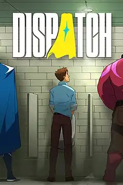 In a men's restroom, Robert Robertson III is seen in front of a urinal looking next to another super hero, which the hero and the other hero standing next to Robert are both urinating. A superhero cape is used as the "A" in the game's logo.