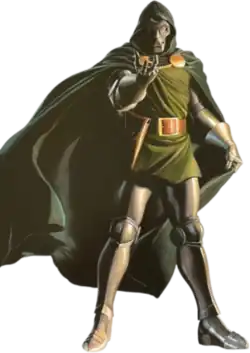 Doctor Doom stands gesturing in his armor, mask, and green hooded cloak