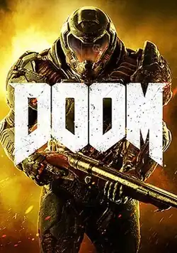 Doom's cover, featuring the Doom Slayer standing, with the Super Shotgun, behind the game's name