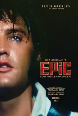 Promotional poster for EPiC: Elvis Presley in Concert. A close-up on half of Presley's face, his eyes glistening and his mouth partly open in a moment of deep performance. There are sparkles and jewels, akin to one of his signature jumpsuits. Tagline reads, "Elvis sings and tells his story like never before."