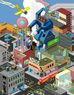 Isometric pixel art cityscape with a blue robot towering over colorful buildings, vehicles, and signage