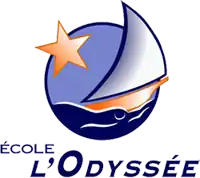 A logo design with a boat sailing on the sea with a large orange star shining beside it.