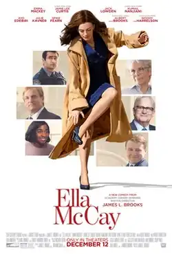 Ella McCay is seen raising a foot up in a white background, and behind her are portraits of the film's cast.