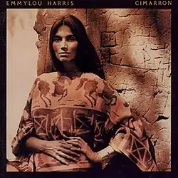 rust and black duotone half-length photo of Emmylou Harris in front of adobe wall wearing western shawl peering confidently at camera