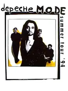 A black and white concert poster showing four men looking at the camera. The man in front has long dark hair and a goatee. Shadows behind the band are colored yellow. The words "Depeche Mode" appear at the top, and "summer tour '94" are printed down the right side of the poster.