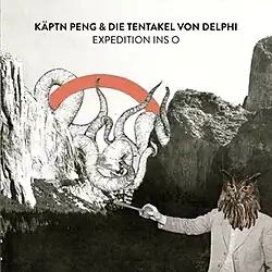 Man with an own head points to a land of tentacle beasts