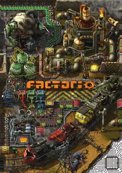 Cover art of Factorio, depicting various structures, processes and vehicles