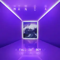 A reflective purple hallway extends far into view. Right at the end, cutting the scene into two parts, we see an image of the crest of purple waves. Around the waves in a square are neon purple lights. At the top half we see "MANIA" with progressively larger spacing between each of the letters. The bottom half has text that reads "A Fall Out Boy LP" although "A" and "LP" are in a much lower opacity than the band name.
