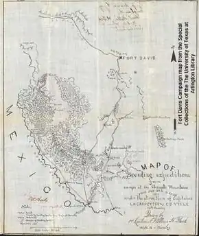 Fort Davis campaign map A hand-drawn military map from the 1880 campaign against Victorio and his Chiricahua Apaches, image from the Special Collections of The University of Texas at Arlington Library