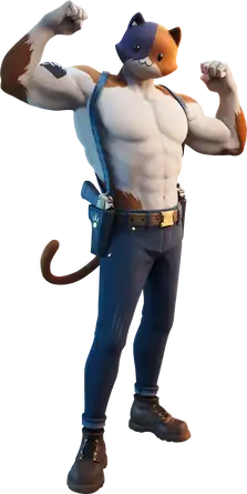 Digital image of topless muscular humanoid with a smiling cartoon cat head wearing jeans, boots, and a gun holster. The character is raising and flexing both arms to display its muscles.