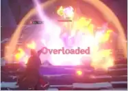 A screenshot from the game's combat, with various elements combining to produce an elemental reaction. The word "Overloaded" appears on the screen, signifying that the reaction is between Pyro (fire) and Electro (electricity).