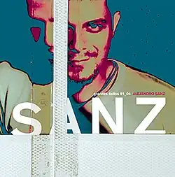 A photograph of Alejandro Sanz that has been recolored to magenta, green, and blue, and is overlayed with tape and other textures