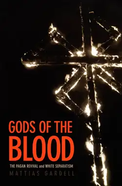 A burning cross with a swastika on a black background