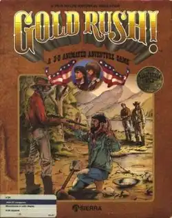 The illustrated game box with a prospector kneeling by a river with his hands raised as another man points a rifle at him, set against a rugged mountain landscape under the game title.