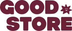 Plum-colored wordmark logo reading "GOOD.STORE". The period is replaced with a spiky shape with a smiley face.