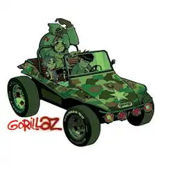 The members of Gorillaz (Murdoc, 2D, Noodle and Russel) are riding on a Camouflage coloured Buggy with Murdoc driving the vehicle and 2D sitting in the front next to him. Noodle is seen holding the bar on the front windshield while Russle, hooded, is at the back. The hood of the vehicle reads "geep".