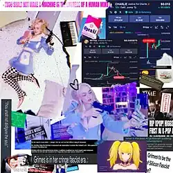 A collage of images of Grimes, internet memes and comments, news headlines, text messages, and other items.