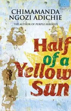 Book cover depicting an artwork of a star-like shape of a sun and the texts: "Half of a Yellow Sun" and "Chimamanda Ngozi Adichie".