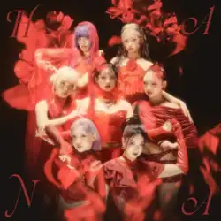 Members of Hana pose with red flowers behind them on a black backdrop