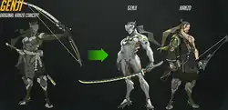 Image shows three characters. Genji, a cyborg-ninja is standing in the middle, while Hanzo, an archer, is standing next to him on the right. The first character on the left is the original concept of Hanzo, who was split into the two brothers.