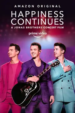 The image depicts the Jonas Brothers (from left to right: Joe, Kevin and Nick Jonas) smiling while performing on stage. The title is showcased at the top with the Amazon logo right below.