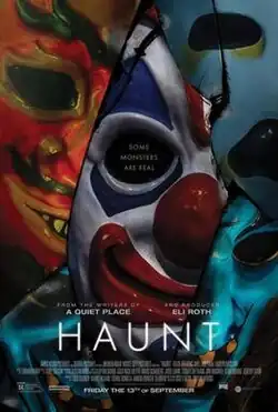 Profiles of four people wearing Halloween masks resembling a Devil, Clown, Ghost, and Witch; their respective portraits are separated by cracks.