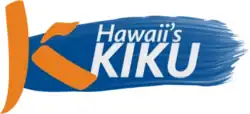 A calligraphic K, looking like a Japanese character, in orange next to the words "Hawaii's K I K U" in two lines in a sans serif in white on a blue brushstroke background