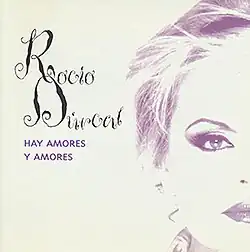 On the right side, half of an overexposed monochrome photo of Rocío Dúrcal's face looks forward, with a purple tint added to the shadows. The background is completely white.