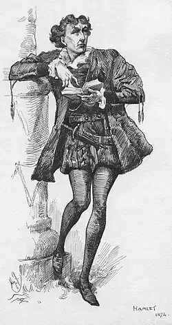 Pen drawing of a clean-shaven white man in Renaissance costume, holding book