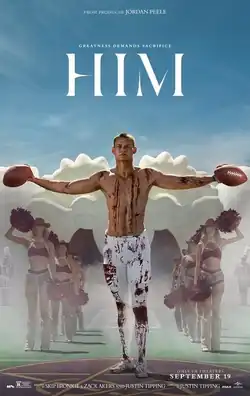 A shirtless man covered in blood holds two footballs while standing in a t-pose with a crowd of faceless cheerleaders in the background.