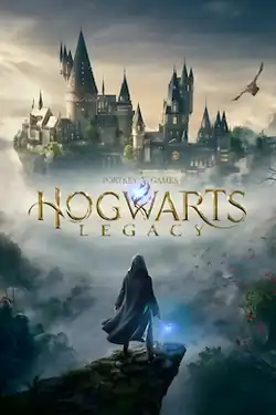 Front cover of the video game Hogwarts Legacy showing a single figure facing away from you towards Hogwarts castle.