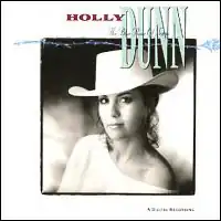 head-and-shoulders photo of Holly Dunn in light white sweater with white western hat among stylized type with drawn blue rose underline