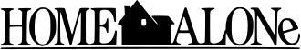 Yellow writing on a white background with a silhouette of a red house between the words "HOME" and "ALONe"