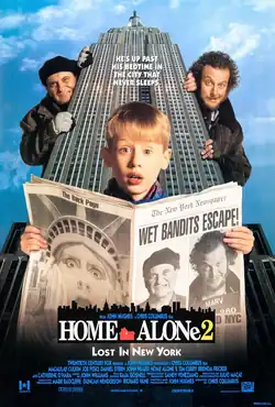 Kevin McCallister holding a newspaper that has the Statue of Liberty doing Kevin's iconic scream and the news of the Wet Bandits' escape, with an enlarged Marv and Harry in the background peeking from behind the Empire State Building.
