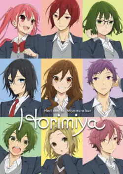 In a three-by-three grid, the main cast is shown off, sectioned off into their own segments. Each of them are accompanied by a uniquely colored backdrop, matching their hair or eye color. Above the bottom row, the words "Hori san to Miyamura kun" are depicted, with "Horimiya" placed underneath it in bigger letters.