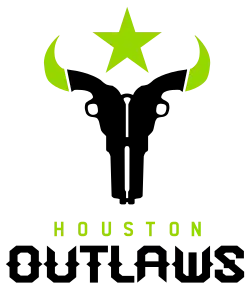 The logo for the Houston Outlaws features two revolvers forming the shape of a longhorn skull in the colors of the team.